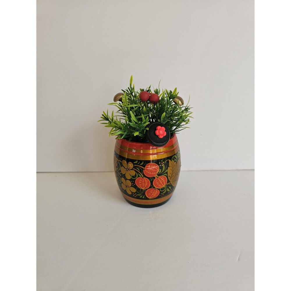 Vintage Button Flower Arrangement in a Lacquered Wood Russian-Style Cup